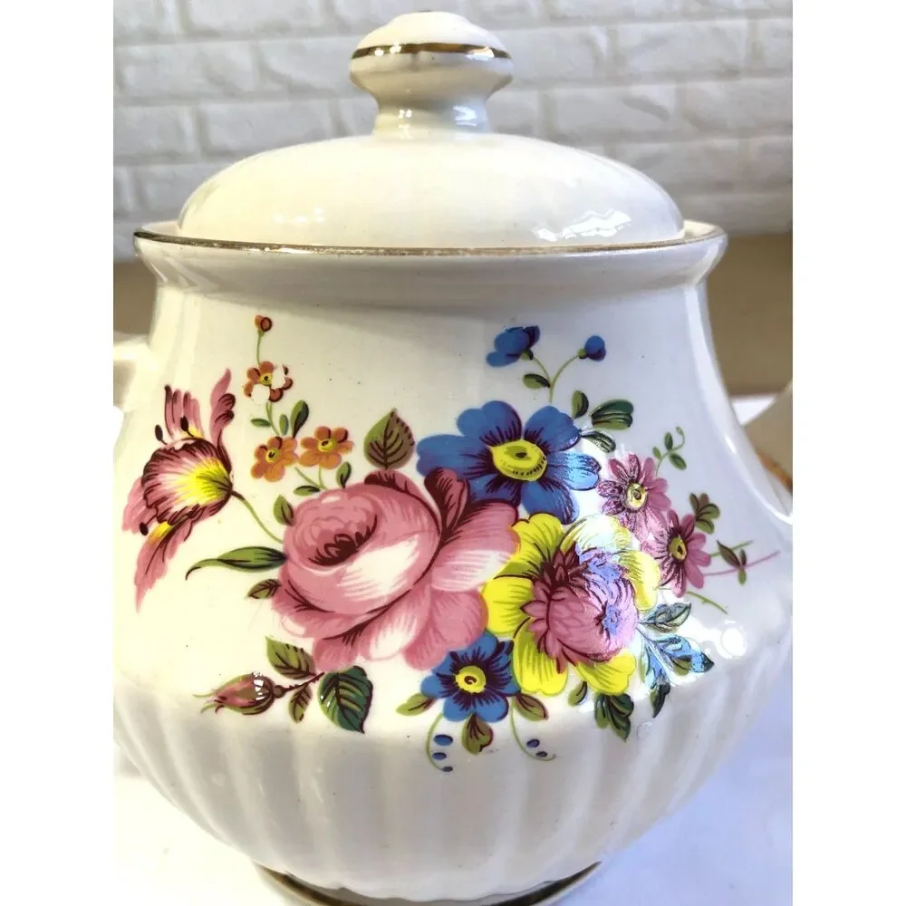 Vtg 50s Sadler England Ribbed Teapot Cream Floral Bouquet Gold Trim MCM #3771 6